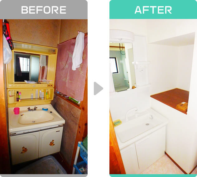 ビフォー：ハンドル式水栓の洗面化粧台/アフター：シングルレバー仕様にリフォーム